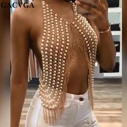 GACVGA Pure hand stitching Pearl metal Tassel Crop Top Women Summer Backless Top Sexy Punk Beach Bustier Cropped Tube Tank Top Y200701
