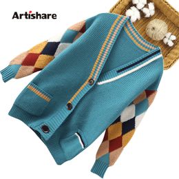 Girls Knitted Outerwear Coat Patchwork Jacekt Coat Girl Spring Autumn Geometric Kids Sweater Casual Style Kids Clothing LJ201125