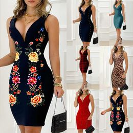 2022 sommer Sexy Dünnes Kleid Frauen Mode Leopard Print Tiefem V-ausschnitt Ärmel Engen Zipper Mini Kleider Frauen