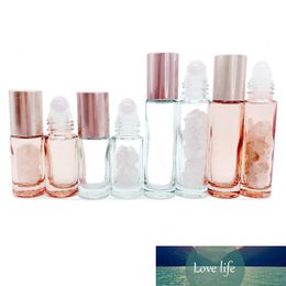 10pcs Rose Quartz Roller Bottle 5ml 10ml Pink Glass Essential Oil Bottle Refillable Travel Bottles Natural Gemstone Pink Crystal