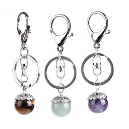 Natural Stone Metal Car Keychain Opal Lapis Lazuli Pink Quartz Flower Ball Pendants Key Ring Holder Keyfob for Handbag