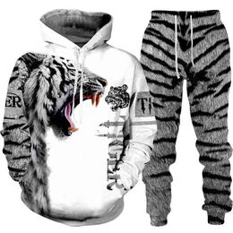 Cool 3D Tiger Animal Printed Hoodie Sweatshirt+Sweat Pants Suit Autumn and Winter Fashion Men's 2 Pcs Sport Wear Tracksuit Set Y1221