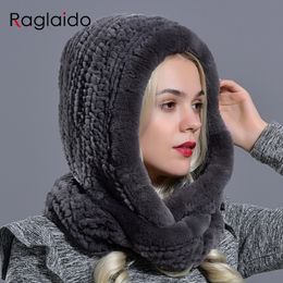Rabbit fur hood Volume hats for women winter warm novelty knitted fur scarf hat stylish fashionable genuine large female fur hat Y200102