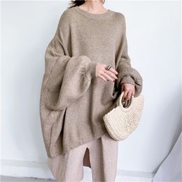 LANMREM autumn New Fashion Solid Color Round Neck Pullover Bat Sleeve Large Size Long Knit Sweater Women PB615 201023