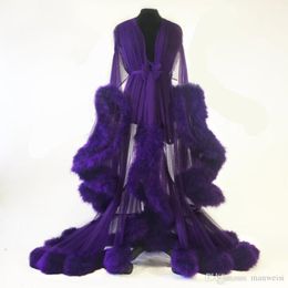 Hot Sale Fur Women Robe Long Sleeve Sexy Purple Nightgown Deep V Neck Ruffles Sleepwear Bathrobe Pyjamas