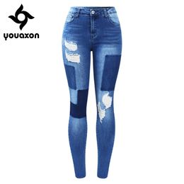 2172 Youaxon New Stretchy Fake Patches Jeans Woman Blue Ripped Denim Pants Trousers For Women Pencil Skinny Jeans 201105