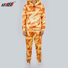 UJWI Men/Women Chips Casual Tracksuit French fries Streetwear Sweatshirt And Pants 3d Yellow Zip Hoodie Pullovers Couple suit 201202