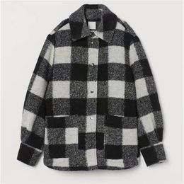 HM women's new fall polo long sleeve black and white plaid blended soft tweed Pocket Shirt coat 0787160 201026