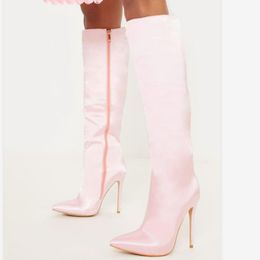 -Boots Prova Perfetto Весна Женщина Длинный Секс острые Носки Высокие каблуки Розовые Коленные Ткань Дышащие Женские1