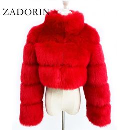 ZADORIN Fashion Cropped Faux Coat Warm Stand Collar Slim Fluffy Jacket Women Winter Fur Coats Plus Size 201211