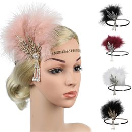 Vintage Women Wedding Bride Hair Accessories With Rhinestones Retro Elegant Strap Flower Beaded Feather Party Headband