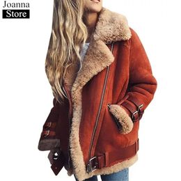 Winter New Faux Fur Motorcycle Jacket Women Lapel Suede Warm Thick Casual Coat Ladies Plush Lining Black Plus Size Bomber Jacket 201120