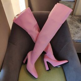 Hot Sale-Designer Candy Colour Thigh High Boots T Show Winter Party Long Boots Runway Fashion Celebrity Shoes Satin Knee Boots for Women