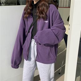 Jackets Women Loose Plus Velvet Zip-up Pockets Letter Casual Oversize BF Ulzzang Harajuku Daily Streetwear Womens Trendy