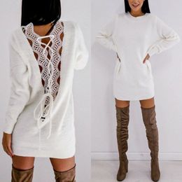 Women's Autumn Winter Fleece Fluffy Knitted Sweater Crew Neck Long Sleeve Casual Loose Pullover Jumper Basic Short Mini Dress 201030