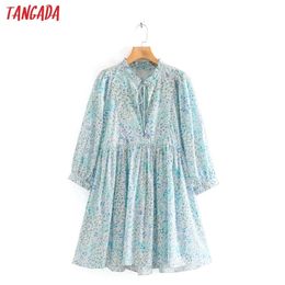 Tangada 2020 fashion women blue floral print summer dress bow neck long sleeve ladies vintage loose dress vestidos LJ200820