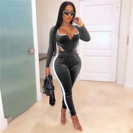 Plus Size 2X Fall Winter Clothing Women Long Sleeve Velour Jumpsuits Casual Solid Colour Rompers Sexy Skinny Bodysuits Night Club Wear