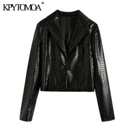 KPYTOMOA Women Fashion Faux Leather Cropped Blazer Coat Vintage Long Sleeve Single Button Female Outerwear Chic Tops 201201