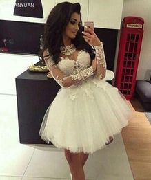 Blanco 2020 vestidos de homecoming vestido de bolas mangas largas apliques de tul encaje corto mini elegantes vestidos de cóctel Blanco 2020 vestidos de homecoming vestido de bolas mangas largas apliques de tul encaje corto mini elegantes vestidos de cóctel