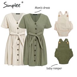 Vintage button women cotton dress shirt V neck short sleeve linen short summer dresses Casual baby romper family outfits LJ201111