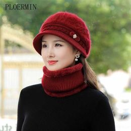 Winter Mother's Beanies Hat Elegant Women Thick Warm Skullies Gorras Stripes Cap Set Flower Decorate Knitted Wool 211229