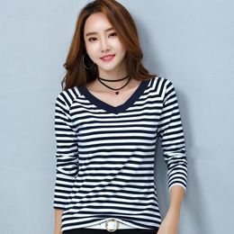 Han edition in the spring of the new cotton v-neck stripe of cultivate one's morality show thin long-sleeved top into a T-shirt 201028