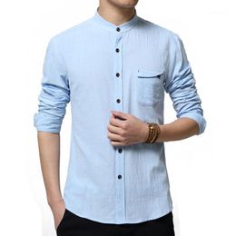 Men's Casual Shirts Wholesale- Chinse Kongfu Men Shirt Long Sleeve Solid Colour Slim Fit Linen Trend Collarless Shirts1