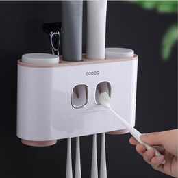 Automatic Toothpaste Dispenser Toothpaste Squeezer Wall Mount Toothbrush Holder Storage Rack with Cups Bathroom Accessories Set LJ201204