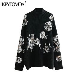 KPYTOMOA Women Fashion Beading Sequins Loose Knitted Sweaters Vintage High Collar Long Sleeve Female Pullovers Chic Tops 201221