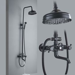 Bathroom Rainfall Shower Mixer Faucet Dual Handle Bath Shower Set Black Brass 8" Showerhead Shower Faucet System with Handshower