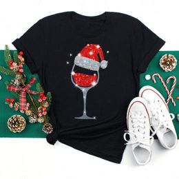Wine Glass Christmas T Shirt Hat Women T-shirt Fashion Lady Holiday Merry Year Tops Cartoon Female Black