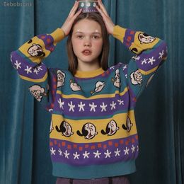 Winter New Design Women Loose Pullover Sweater Thick Warm Cotton Knitwear Purple Stripes Stitching Cartoon Pattern Girls Tops LJ201113