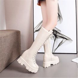 Hot Sale-Autumn Winter Chunky Platform Leather Knee High Boots Increasing Long Boots Woman Lace Up Booties