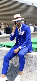 Newest Groomsmen Peak Lapel Groom Tuxedos Royal Blue Men Suits Wedding/Prom/Dinner Best Man Blazer ( Jacket+Pants+Tie+Vest ) K760