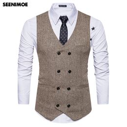 Seenimoe Mens Vest Formal Blazer Vests Double Breasted V-neck EU Size S-XXL Male Casual Waistcoat 201106