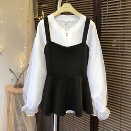 2020 Spring Fashion Woman Beautiful Puff Sleeves Tops + Black Vest 2pcs sets Girls Ladies Shirts A651 T200702