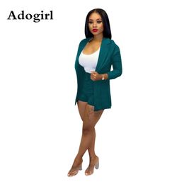 Women Office Business Suits Cardigan Blazer Coat And Shorts Slim Full Sleeve Two Piece Set Club Wear Outfits High Street Outwear T200325