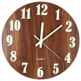 12 Inch Night Light Function Wooden Wall Clock Vintage Rustic Country Tuscan Style For Kitchen Office Home Silent & Non-Ticking H1230