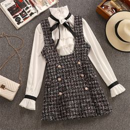 Autumn Winter 2 Piece Set Overalls Dres Elegant Ruffles Chiffon Bow Shirt Top+Double Breasted Plaid Tweed Vest 220215