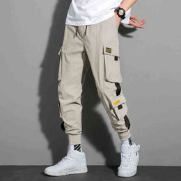 Casual Male Cropped Pants Ribbons Harem Joggers Men Cargo Pants Teens Streetwear Hip Hop Casual Pockets Pants Fashion Clothi G220224