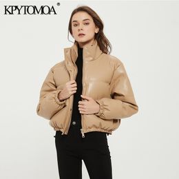 KPYTOMOA Women Fashion Faux Leather Parkas Thick Warm Jacket Padded Coat Vintage Long Sleeve Pockets Female Outerwear Chic Tops 201202