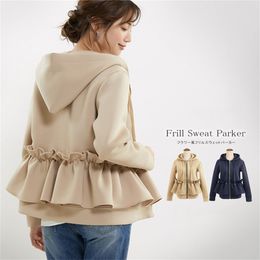 casual women slim tops autumn korean fashion ruffle hooded long sleeve street beat outerwear coat jacket 201212
