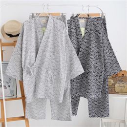 Samurai Man Japanese Traditional Kiimoono Set Pamas Wave Print V-neck Loose Style Cotton Sleepwear Pyjamas Haori Trousers 201109