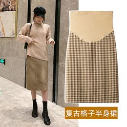 6020# Autumn Winter Thick Warm Plaid Woolen Maternity Skirts Cotton Belly Pencil Skirts Clothes for Pregnant Women Pregnancy LJ201118