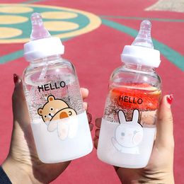 Cute Pacifier Glass Water Bottle With Straw Creative Personality Adult Baby Nipple Bottle Portable Cup Water Bottles For Girls 201105