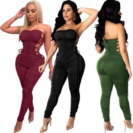 Women sleeveless Jumpsuits casual solid color Rompers sexy hollow out skinny bodysuits fall winter overalls backless stack leggings DHL 4447