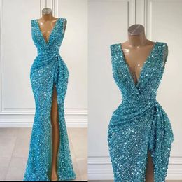 Blue Sequins Prom Sparkly Dresses High Split 2022 Designer Ruched Custom Made Evening Party Gowns Formal Ocn Wear Plus Size Vestidos