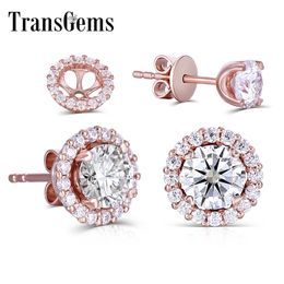 Transgems 14K 585 Rose Gold Center 5mm F color Clear Moissanite Stud Earring for Women Push Back with Moissanite Accents Y200620