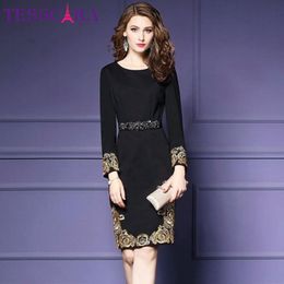 TESSCARA Autunno Inverno Donna Ricamo di lusso Abito Donna Elegante Ufficio Matita Abito Femme Retro Vintage Designer Vestidos 201125