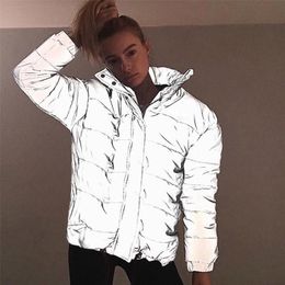 Reflective Grey Zipper Oversized Women Jackets Long Sleeve Button Loose Thick Cropped Jacket Sexy Streetwear Coat Winter 201217